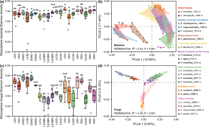 Fig. 1: Diversity and community composition of rhizosphere microbiome across dominant plant populations.