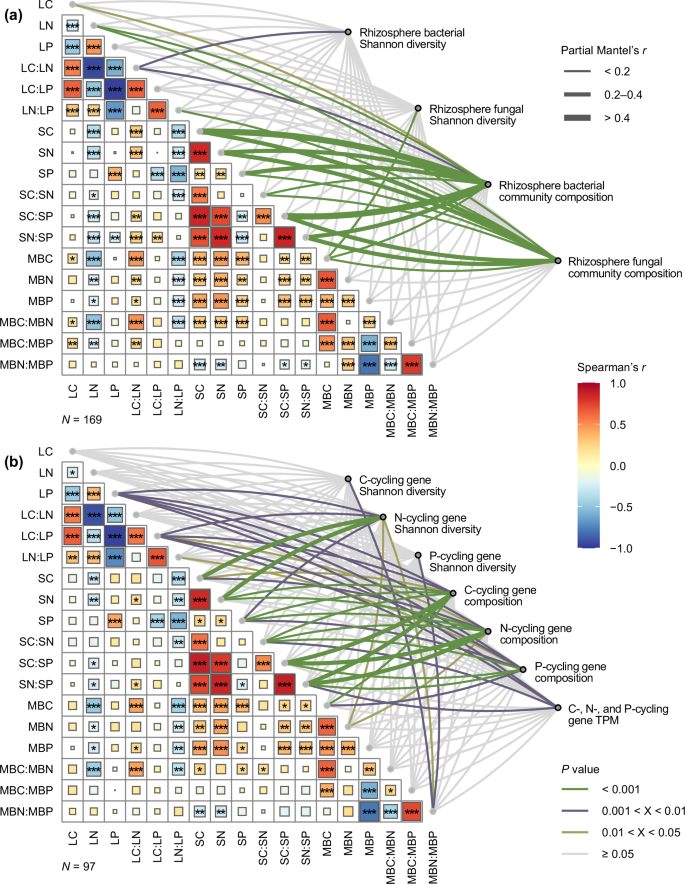 Fig. 3: Correlations between the rhizosphere microbiome and ecological stoichiometric characteristics.