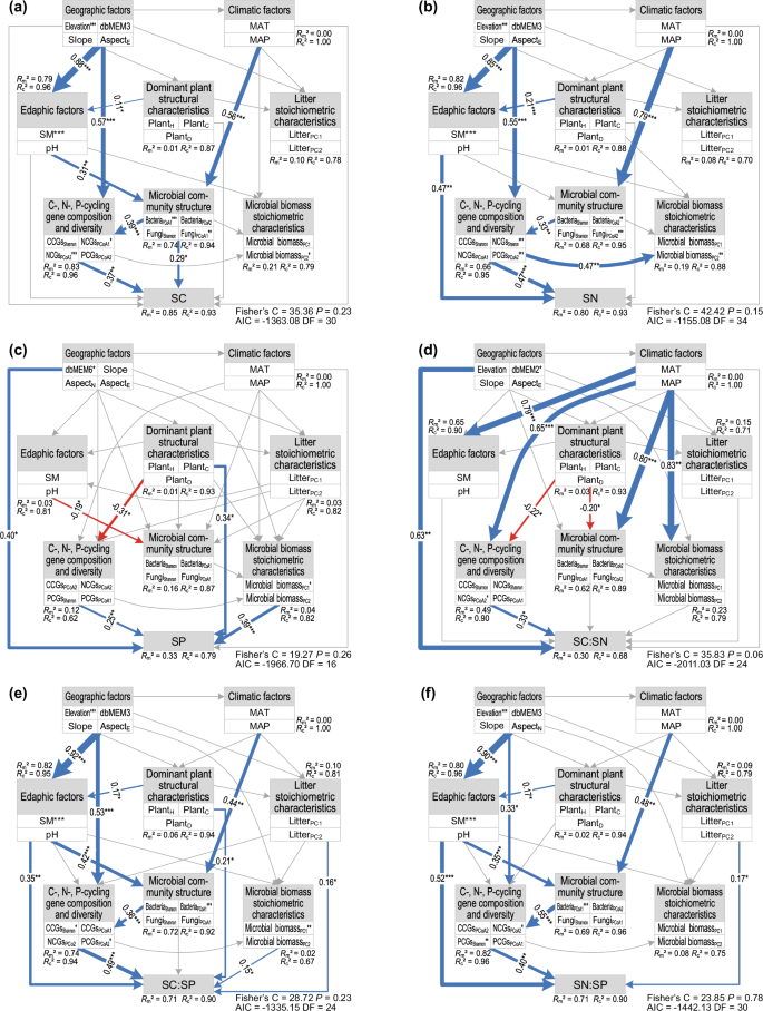 Fig. 5: Best-fitting PiecewiseSEM of the direct and indirect paths affecting ectorhizosphere soil ecological stoichiometric characteristics.