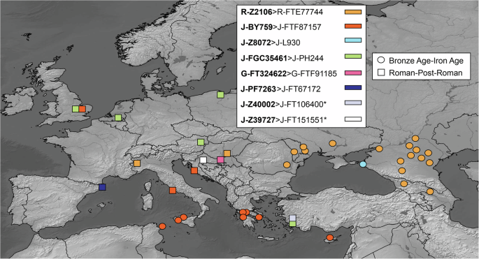Fig. 5: Distribution of haplogroups that are directly upstream from the most frequent Deep Maniot lineages, as identified in the ancient DNA record.
