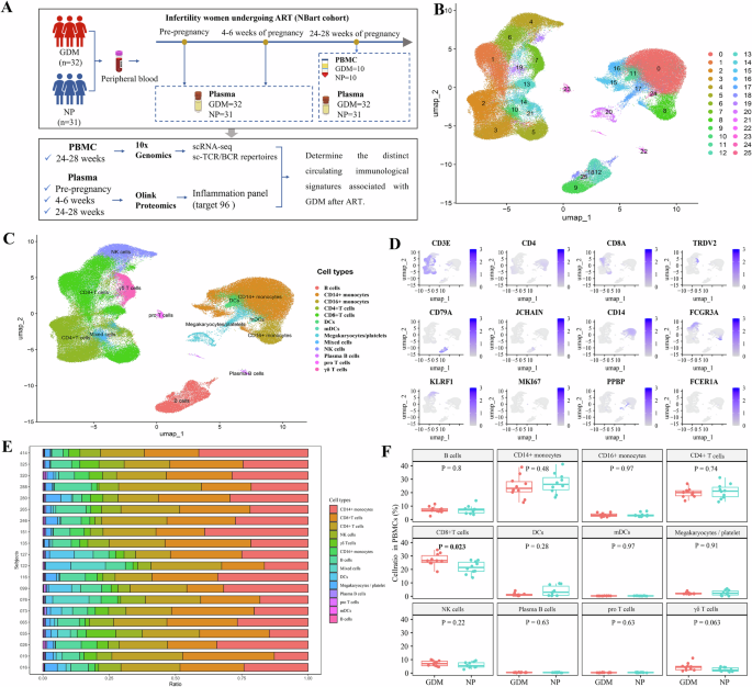 Fig. 1: Study design and single-cell transcriptomic profiling of peripheral blood mononuclear cells (PBMCs) in women with gestational diabetes mellitus (GDM) and normal pregnancy (NP) following assisted reproductive technology.