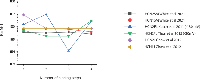 Fig. 6: A comparison of previously reported equilibrium constants for ligand binding to the HCN1 and HCN2 channel.