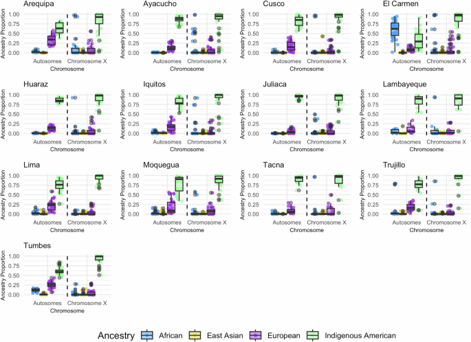 Fig. 4: Genome-wide ancestry proportions for chromosome X and autosomes in 13 Admixed Peruvian populations.