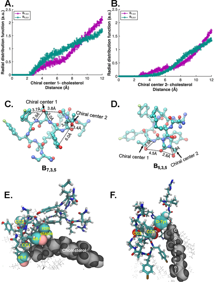 Fig. 5: Cholesterol interactions with the enantiomeric threonine residues on B7,3,5 and B5,3,5.