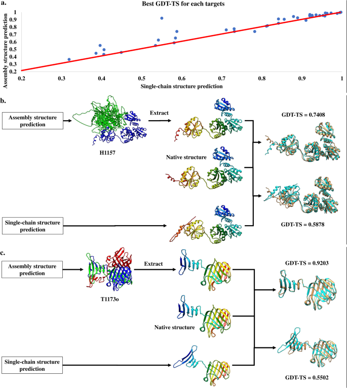 Fig. 4: The comparison between the single-chain structure prediction and the assembly structure-based prediction.