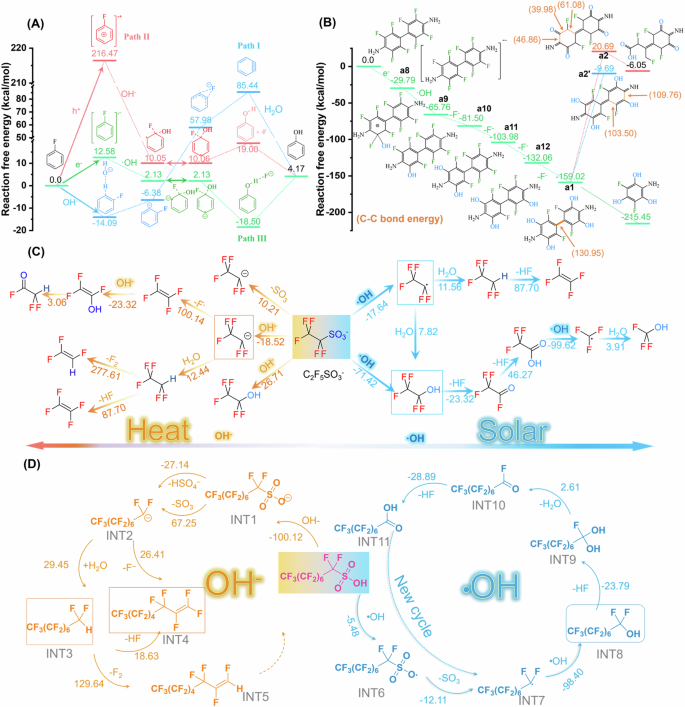 Fig. 3: Proposed defluorination mechanisms for Csp2-F and Csp3-F bonds by OH− or •OH.