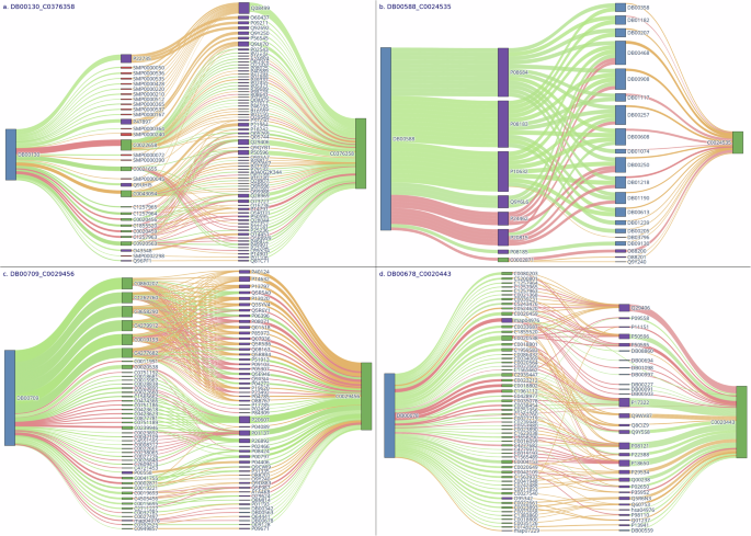 Fig. 6: Heterogeneous network visualization of drug-target-pathway-disease interactions.