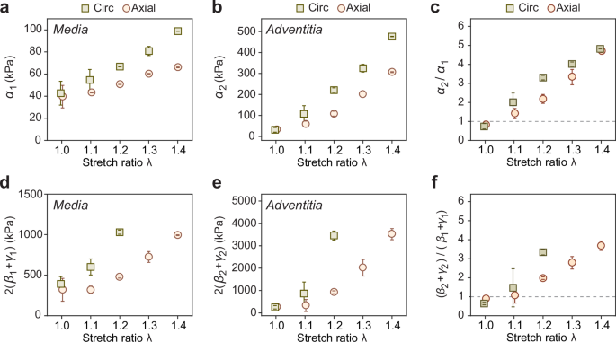 Fig. 4: Shear and tensile moduli of the media and the adventitia.