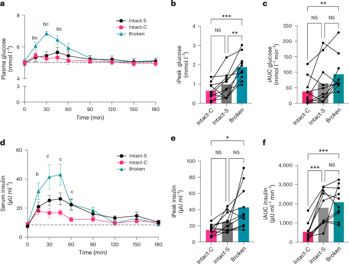 Fig. 2: Blood glucose and insulin responses to chickpea meals with contrasting structures.