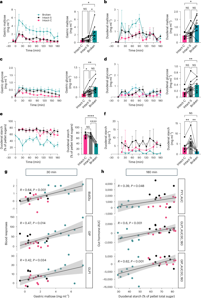 Fig. 5: Intestinal concentrations of starch digestion products, estimated undigested starch contents and their relationship with blood responses.