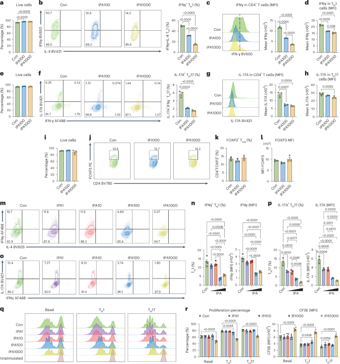 Fig. 4: IPA inhibits TH1 and TH17 cell differentiation without altering the Treg cell phenotype.