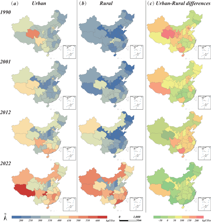 Fig. 5: Spatial distribution of PFGHGs of urban and rural regions, 1990, 1999, 2011, and 2022.