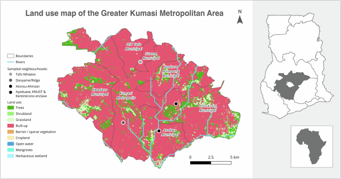 Fig. 10: Land use distribution and sampled neighbourhoods in the Greater Kumasi Metropolitan Area.