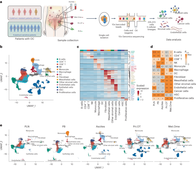 Fig. 1: Landscape of advanced ovarian cancer via scRNA-seq of five sites.