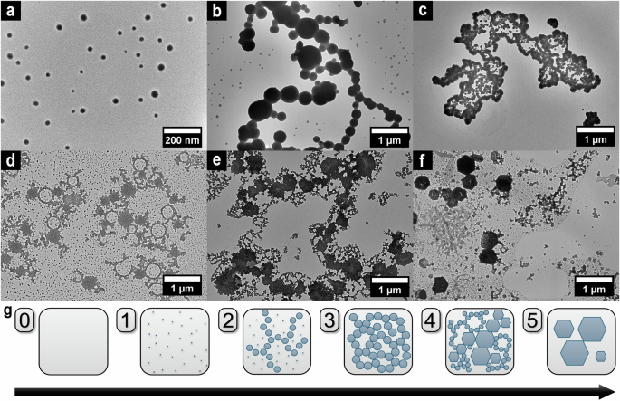 Fig. 5: Multi-stage “non-classical” crystallization process of CH during drying on a TEM-grid.