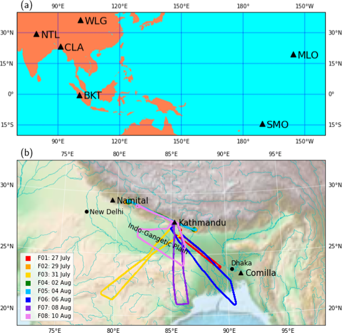 Fig. 2: Regional map of the measurement sites for greenhouse gases and of the aircraft measurements on the Indian subcontinent.