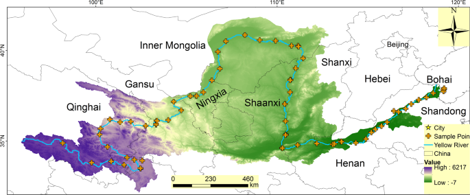 Fig. 1: Locations of the Yellow River Basin and sampling sites.