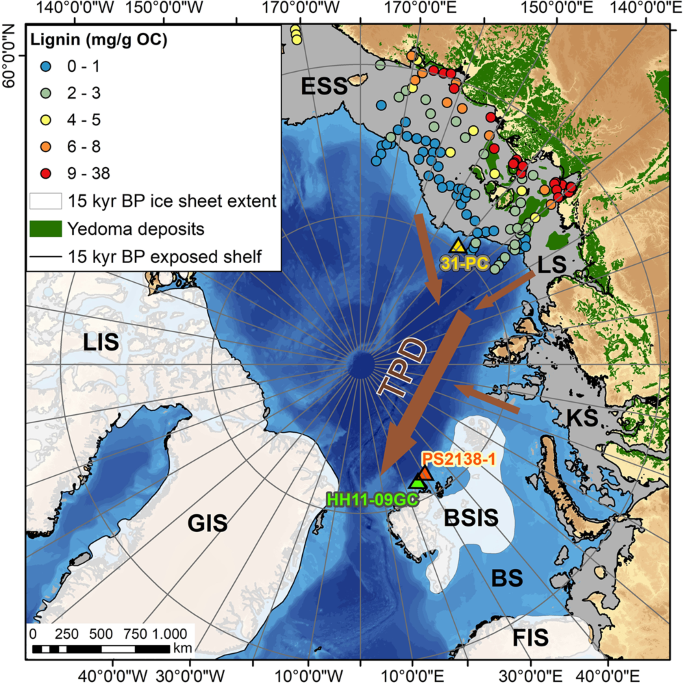 Fig. 1: Location of sediment cores and main geomorphological features.