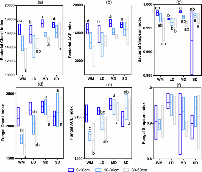 Fig. 3: α-diversity indices of the bacterial and fungal communities at different soil depths under different levels of degradation.