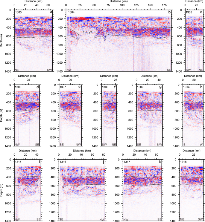 Fig. 4: Seismic images of coherent thermohaline staircases.