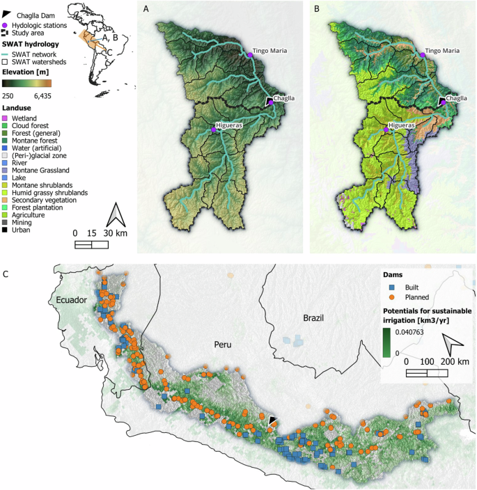 Fig. 1: Modeling robust adaptation strategies for the water-energy-food-ecosystem (WEFE) nexus for basins in the Andes-Amazon.