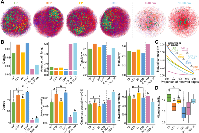 Fig. 1: Co-occurrence networks and stability of microbial community during four periods of seasonal freeze-thaw processes and at two depths.