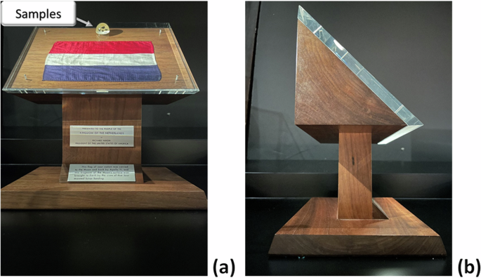 Fig. 1: Dutch Apollo 11 Goodwill plinth with encapsulated moon rocks, flag and presentation sign.