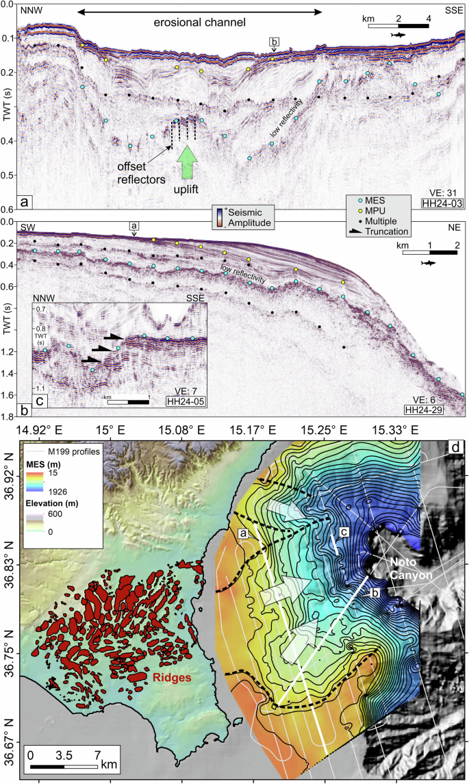 Fig. 5: Buried erosional shelf channels upslope of Noto Canyon.