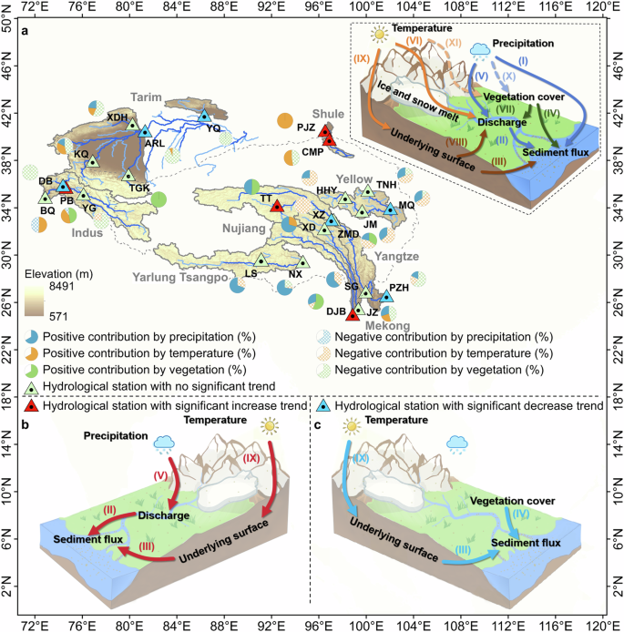 Fig. 1: Sediment flux trend and the overall contributions of major pathways on sediment yield at each hydrological station.
