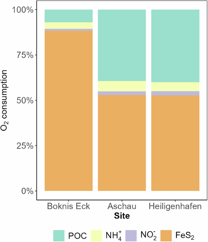 Fig. 3: Contribution of different oxygen consumption pathways to the total oxygen consumption in oxic experiments.