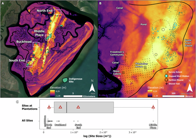 Fig. 3: Indigenous archeological and historic plantation sites located on Ossabaw Island.