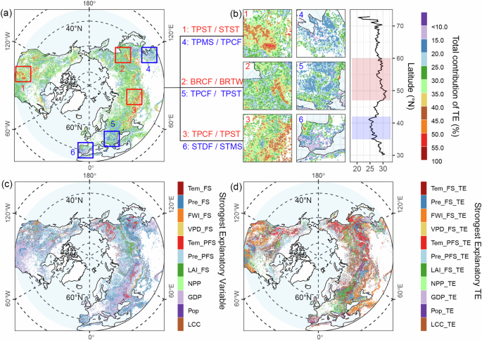 Fig. 4: Spatial maps of the total contribution of threshold effects and the most important drivers and threshold effects.