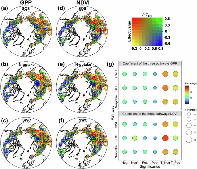 Fig. 4: Spatial distributions of standardized indirect coefficients of the “SWC”, “SOS”, and “N-uptake” pathways.