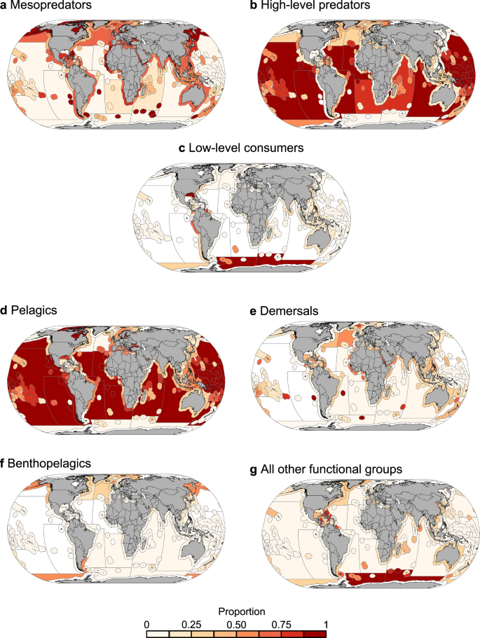 Fig. 6: Proportion of total carbon extracted from trophic and functional groups across different Exclusive Economic Zones and high seas regions.