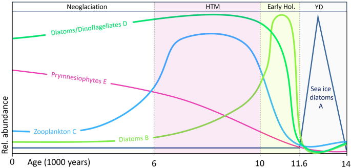 Fig. 3: Relative changes in phytoplankton groups over the past 14,000 years.