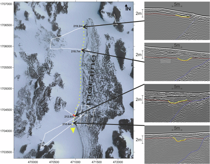 Fig. 3: Reconstruction of the path of the erosion channel along the glacial unconformity at Boulder Clay Glacier.