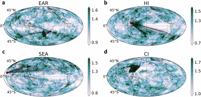 Fig. 4: Spatial distribution of the annually averaged (1950–2022) absolute link strengths (unitless) that comprise the predictor indices.