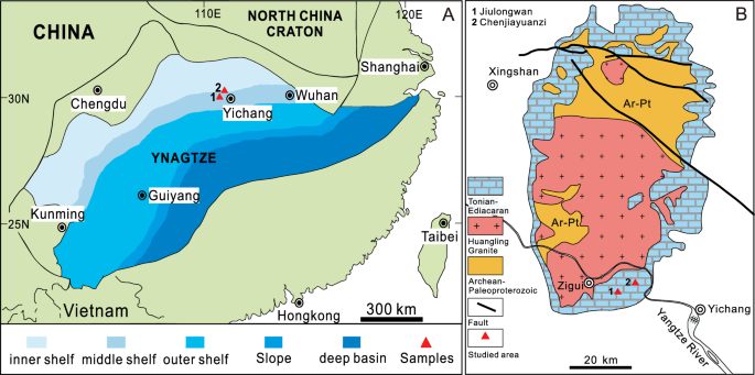 Fig. 1: Paleogeographic and geological maps of the Ediacaran Doushantuo Formation in South China.