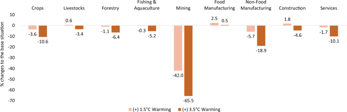 Fig. 2: The effects of heat stress-induced labour productivity loss on domestic production.