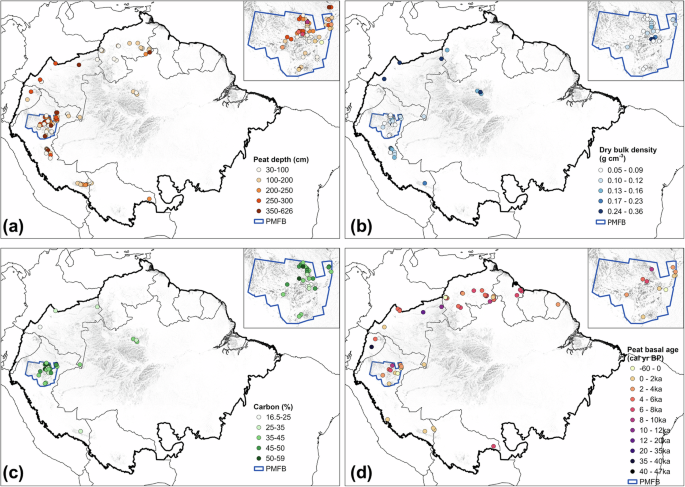 Fig. 3: Spatial distribution of peatland properties across the Amazon Basin.