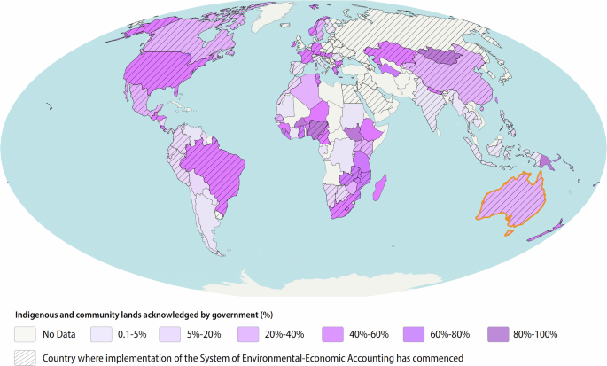 Fig. 1: Percentage of Indigenous and community lands acknowledged by governments globally by country and countries implementing the System of Environmental Economic Accounting.