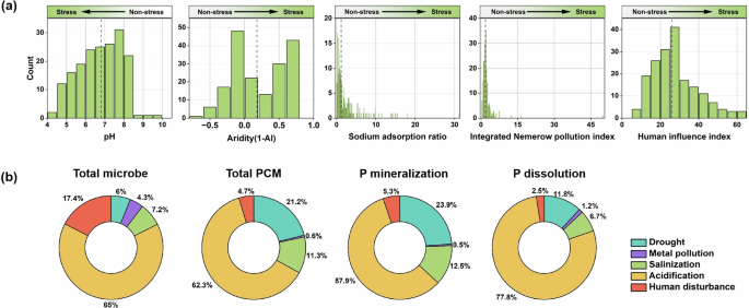 Fig. 1: The classification of environmental stresses and the effect of environmental stress on P cycling microorganisms.