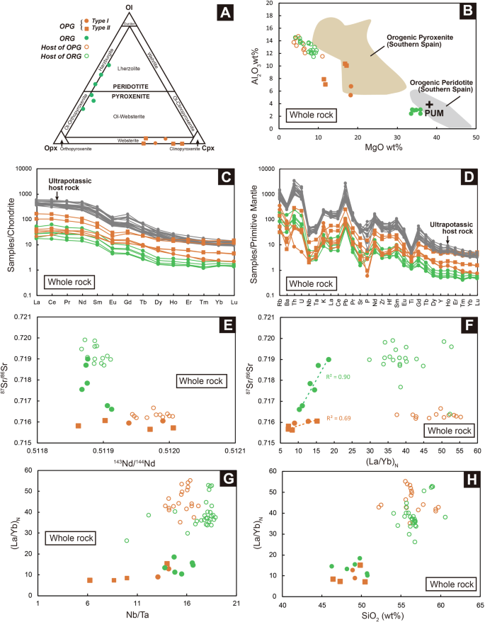 Fig. 2: Whole-rock geochemical features of mantle xenoliths and ultrapotassic host rocks.