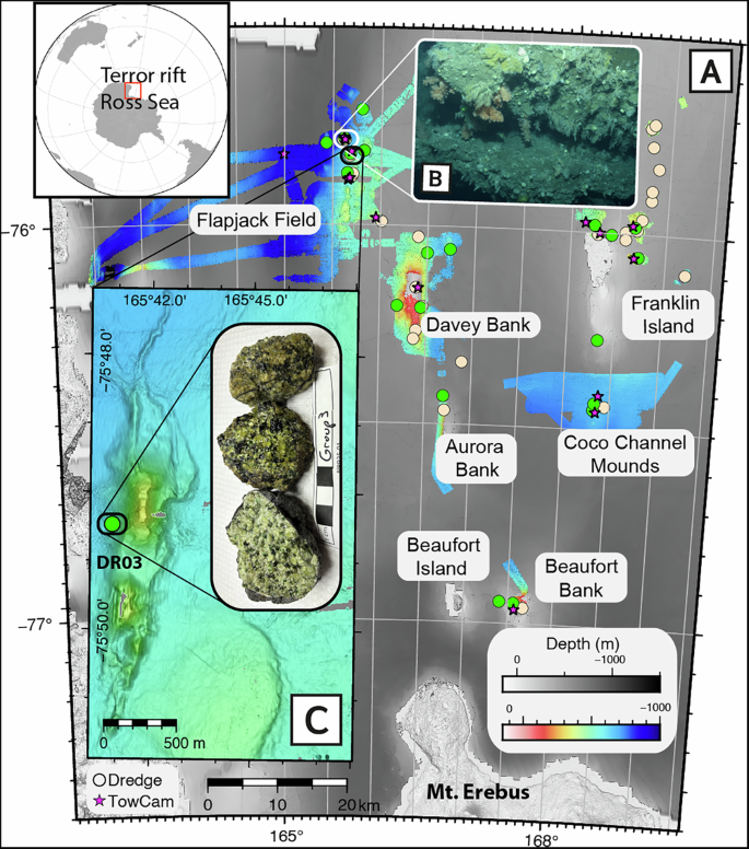 Fig. 1: Locations and images of samples from targeted sites in the Terror Rift.
