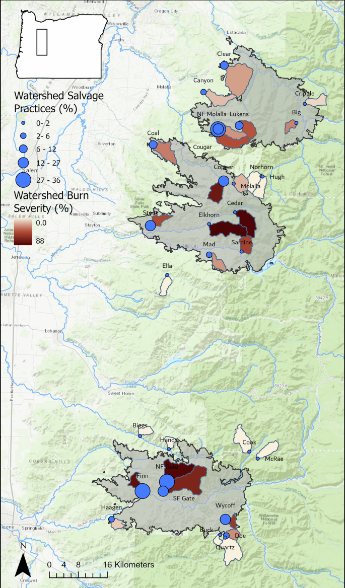 Fig. 1: Study sites in the Riverside, Beachie Creek and Holiday Farm Fires in western Oregon.