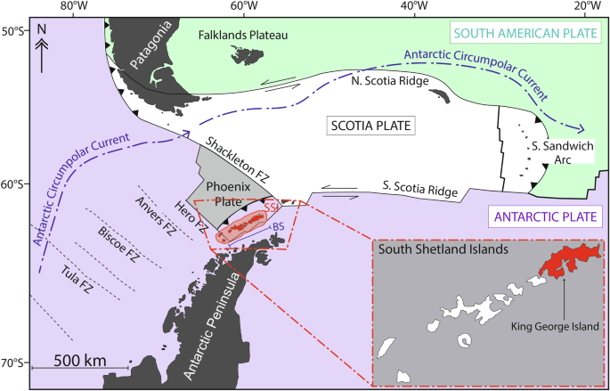 Fig. 1: Present-day tectonic configuration of the Scotia Plate, Patagonia, and the Antarctic Peninsula.