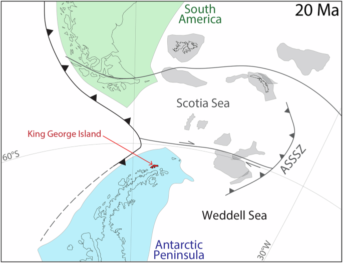 Fig. 6: Paleogeographic reconstruction of the Antarctic Peninsula and South America during the early Miocene.