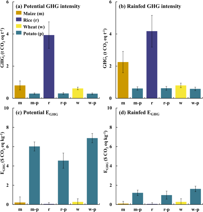 Fig. 6: GHG emission intensity and eco-efficiency of staple grain crops versus potato cultivation.