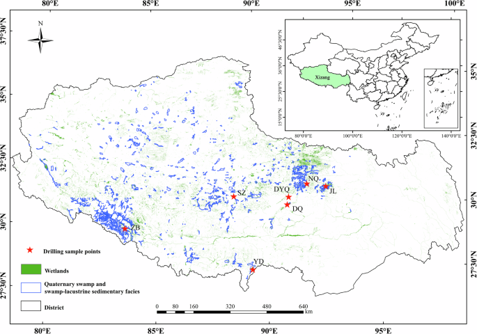 Fig. 1: Drilling location map. The selected seven wetlands are marked by red stars.
