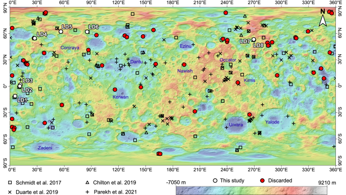 Fig. 1: Distribution of landslides on Ceres.